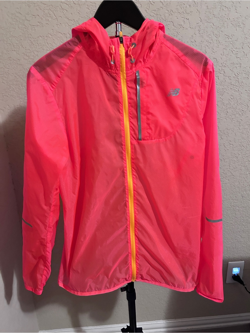 Unisex New Balance Neon Orange Hooded Running Jacket with Yellow Zip